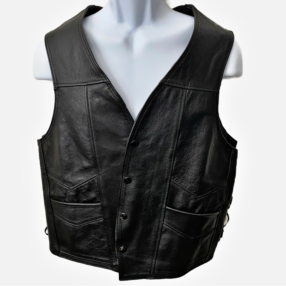 Genuine Leather, Snap Button Leather Vest with Lacing Detail at Sides
